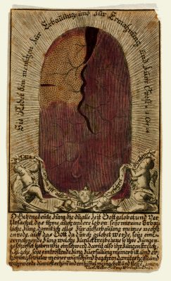 Historische Illustration einer geteilten menschlichen Zunge, präsentiert im Dommuseum des Domquartiers Salzburg, umgeben von religiösen Symbolen und Gebetstexten in altdeutscher Schrift