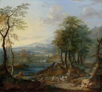 Ein Landschaftsgemälde zeigt eine idyllische Szene mit Fluss, Bäumen und einer kleinen Brücke