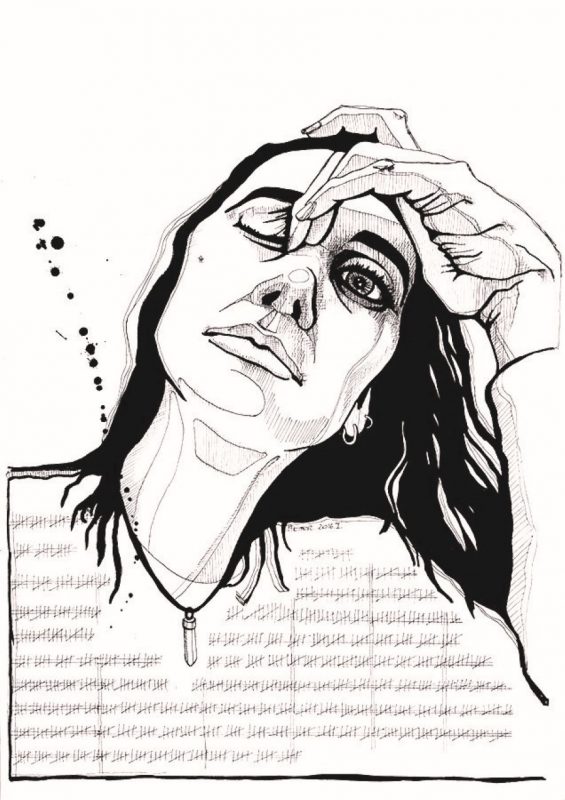 Schwarz-Weiß gezeichnetes Frauen-Portrait mit Hand am Kopf