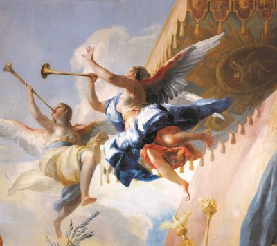 Seccobild zweier Putti mit Fanfaren